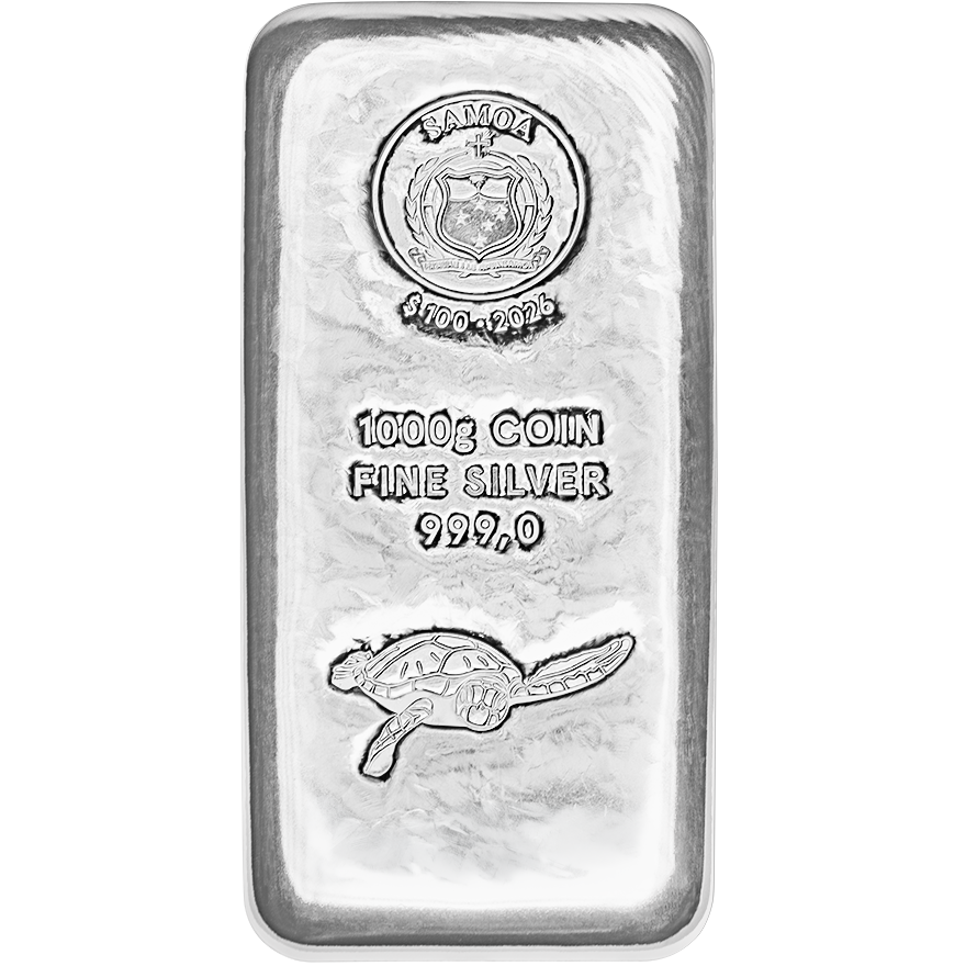 Samoa Silbermünzbarren mit 1000g Prägung, Samoa Wappen, Jahreszahl 2026 und Schildkrötensymbol, 999,0 Feinheit.