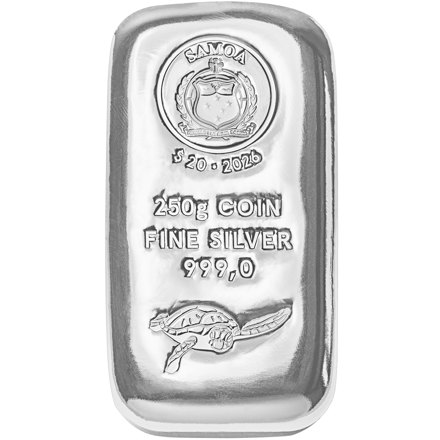 Samoa silver coin bars weighing 250 g, featuring the Samoa coat of arms, the year 2026, and a turtle symbol, with a fineness of 999.0.