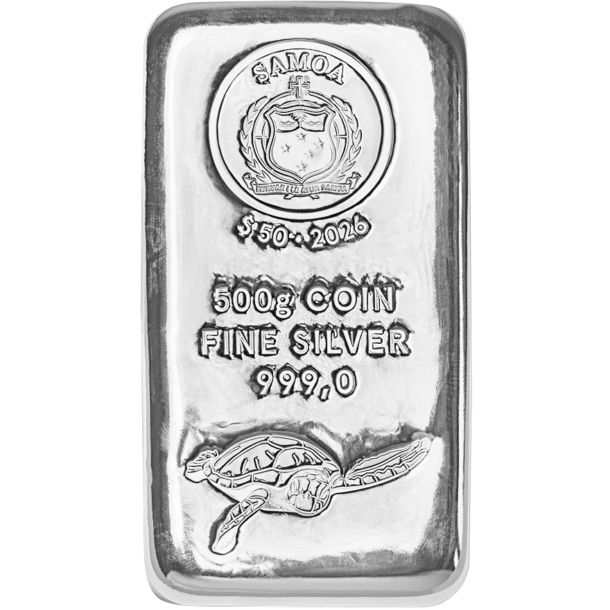 Samoa silver coin bars weighing 500 g, featuring the Samoa coat of arms, the year 2026, and a turtle symbol, with a fineness of 999.0.